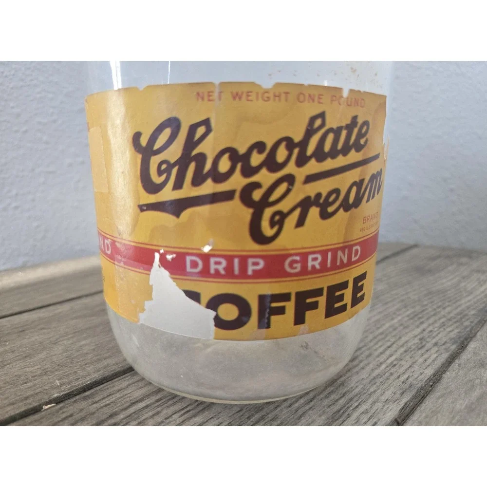 Vintage Chocolate Cream Drip Grind Coffee 1 Lb Jar Paper Label Zinc Lid Rustic
